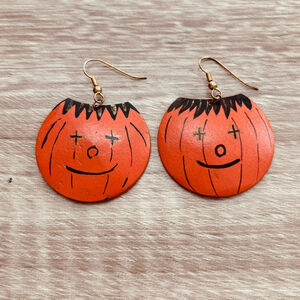 Halloween Pumpkin Earrings Wooden Orange Black Jack O Lantern